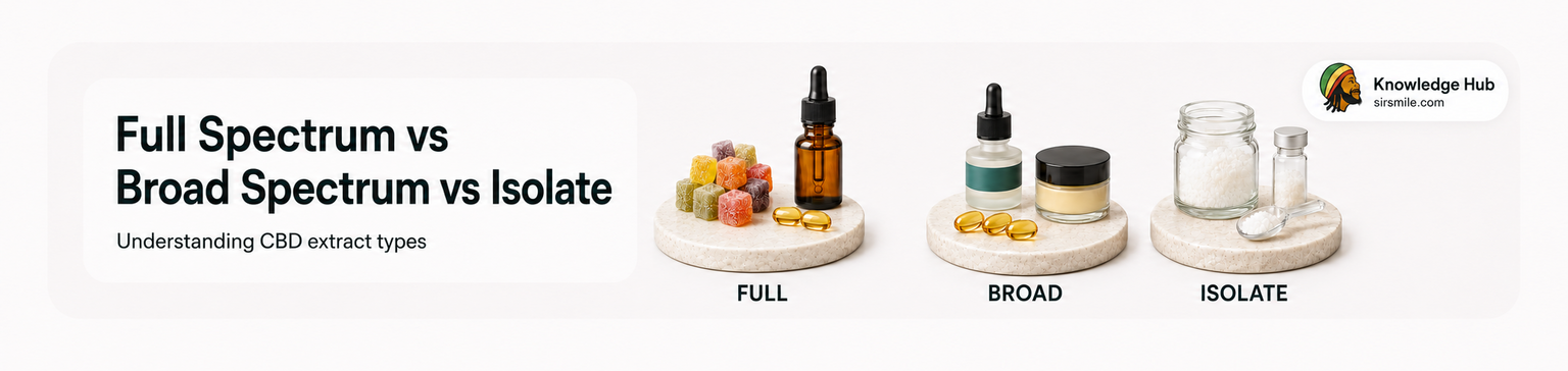 Full spectrum, broad spectrum, and CBD isolate comparison banner with three labeled product groups