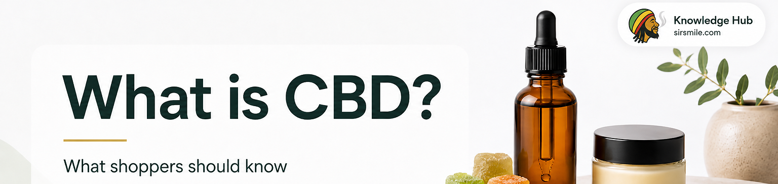 What is CBD guide banner showing a CBD oil bottle, dropper, gummies, capsule, and topical jar